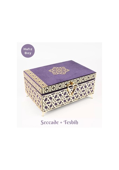 Desenli Kutu Çeyizlik, Seccade + Tesbih + Kuran Hediye Seti Hafız Boy, Kadife, Mor, Elif-vav Mor