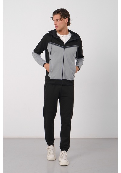Dechers Erkek Siyah Tech Fleece Double Face Kapüşonlu Fermuarlı Eşofman Takımı - E228 Gri