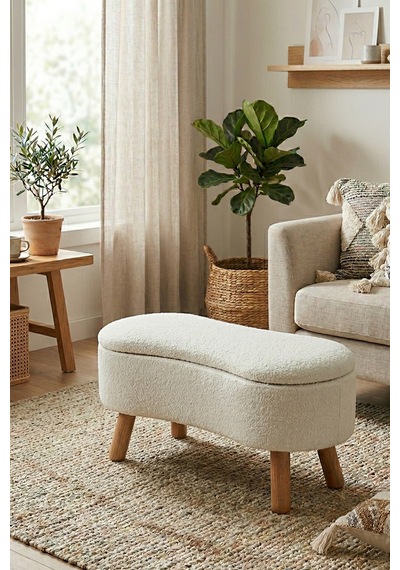 Scala Sandıklı Bohem Ahşap Ayaklı Puf/bench, Kırık Beyaz