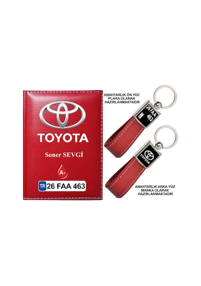 Plakanıza Özel Toyota Logolu Kırmızı Ruhsat Kabı Ve Anahtarlık