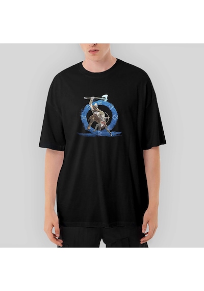 God Of War Ragnarok Kratos Atreus Cartoon Oversize Siyah Tişört Siyah