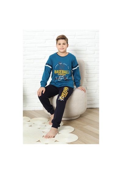Modanino Erkek Çocuk Pijama Takımı %100 Pamuk İnterlok Kumaş 12447 Petrol Mavisi