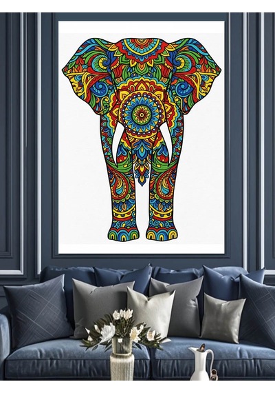 Ahşap Tablo Renkli Mandala Fil Deseni
