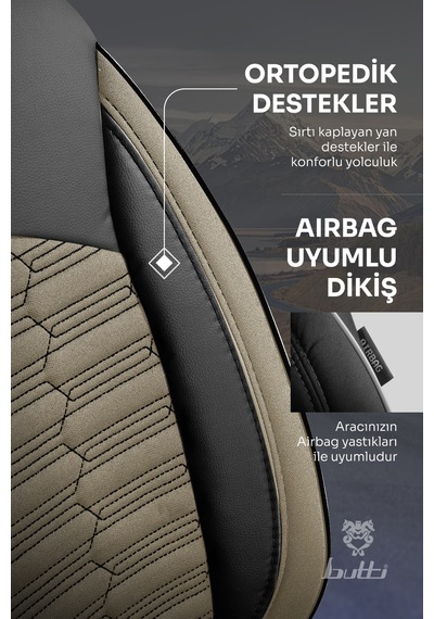 Bej - Siyah Butti Libro Serisi Keten Kumaş Premium Oto Koltuk Kılıfı Destekli, Ön Arka Tam Set