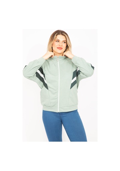 Şans Kadın Pembe 2 İplik Kumaş Ön Fermuar ve Şerit Detaylı Sweatshirt 65n35299-yeşil Yeşil