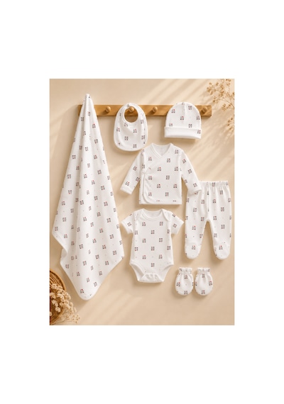 Lilliy %100 Pamuklu 7 Parça Yenidoğan Bebek Hastane Çıkış Takımı I Love Dad Mom Desenli 0-3 Ay Beyaz