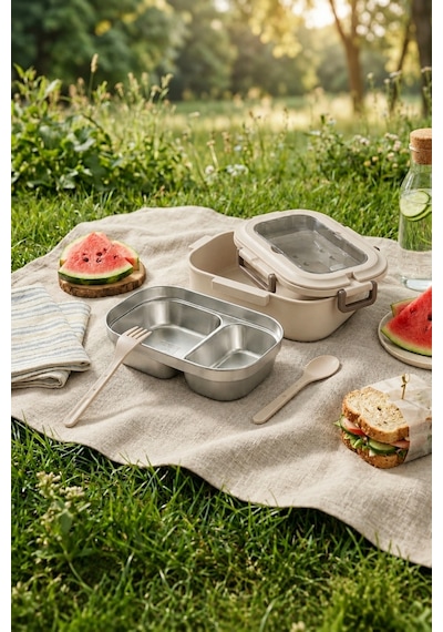 2 Bölmeli Kaşık Çatallı Paslanmaz Çelik Yemek Kabı Lunch Box Sefer Tası Beslenme Kabı Latte Krem