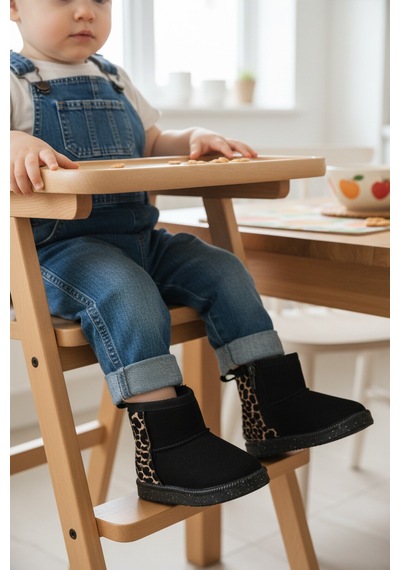 Ayakmod Siyah Leopar İçi Kürklü Fermuarlı Bebek Bot 1212 B Siyah