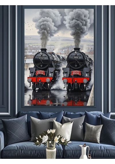Dumanlar Çıkaran Tarihi Kara Tren Dekoratif Kanvas - Mdf Ahşap Tablo