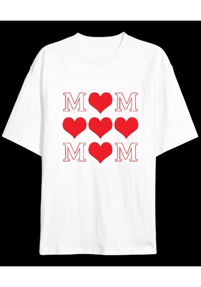 Mevese Sevgi Anneler Günü Hediye Mom Kalp Baskılı Oversize Bisiklet Yaka T-shirt - Beyaz