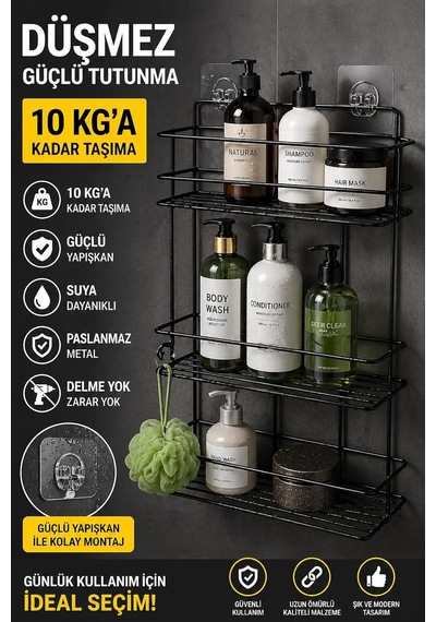 Sas Haus Yapışkanlı Banyo Rafı Siyah Delmeden Montaj Duş Şampuanlık, Paslanmaz Metal, Siyah Organizer Diğer