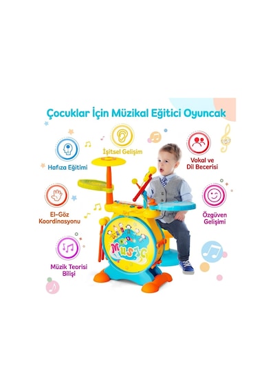 Işıklı Piyanolu Bateri Seti - Mikrofonlu, Tabureli Ve Mp3 Bağlantılı Çocuk Müzik Eğitim Seti