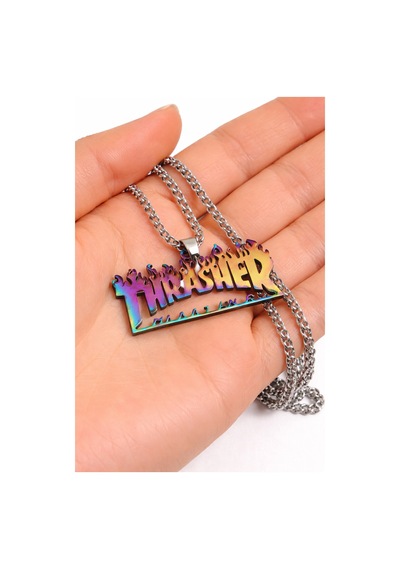 Unisex Paslanmaz Çelik Thrasher Yazılı Renkli Alev Desenli Kolye Altın - Gümüş
