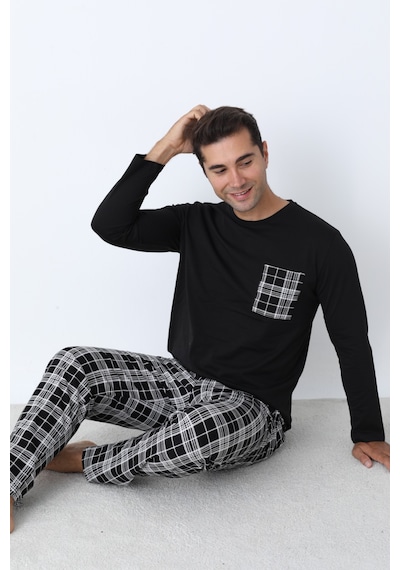 Arcan Erkek Pijama Takımı Uzun Kol Ekose Pamuklu Siyah