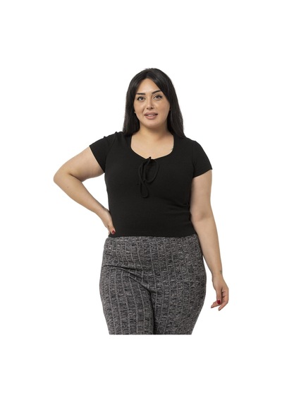 Disentis Büyük Beden Yarım Kollu Göğüste Bağcık Detaylı Kaşkorse Siyah Body-siyah Siyah