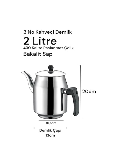 430 Paslanmaz Çelik Kahveci Demlik 2000ml 3 No Gri