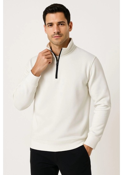 Novalisse Erkek Dik Yaka Yarım Fermuarlı 3 İplik Pamuklu Sweatshirt - Beyaz Çoklu Renk