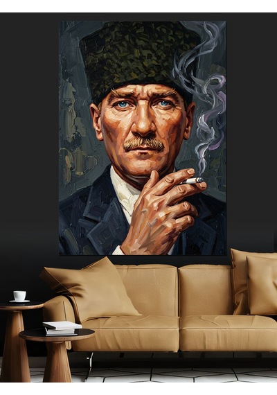 Kalpaklı Ve Sigara İçen Atatürk Dekoratif Kanvas - Mdf Ahşap Tablo