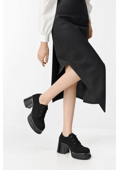 Luvi Shoes Odette Siyah Süet Platformlu Blok Topuklu Kadın Ayakkabı