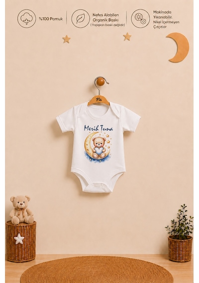 Pia Baby Erkek Bebek İsme Özel Hediye Seti 2'li %100 Pamuk Organik Baskılı Body Zıbın Ve Ham Bez Kıyafet Kesesi 1085b2k2x Krem