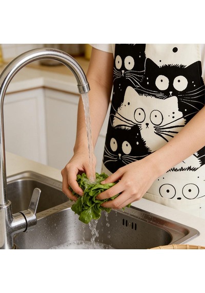 Valkyrie Siyah Beyaz Kedi Desenli Mutfak Önlüğü Cepli Unisex Mutfak Pişirme Temizlik Servis Önlüğü Siyah - Beyaz