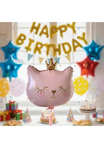 56x49 Cm Pembe Kedi Kafası Taçlı Folyo Balon 30 İnç - Doğum Günü Parti Dekorasyon Balonu Çok Renkli