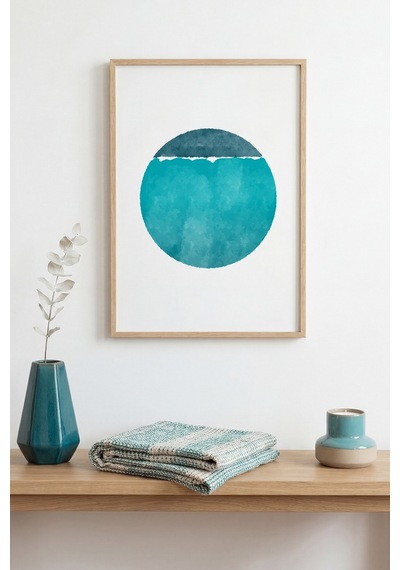 Doğal Ahşap Çerçeveli Soyut Mavi Tonlarda Tablo - Minimal Huhu1407