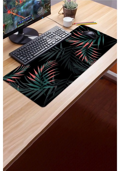 Sonictouch Bohem Palmiye Yaprakları Siyah Gamer Oyuncu Dikişsiz Sıvı Geçirmez Klavye Mouse Pad 32x70 Mousepad