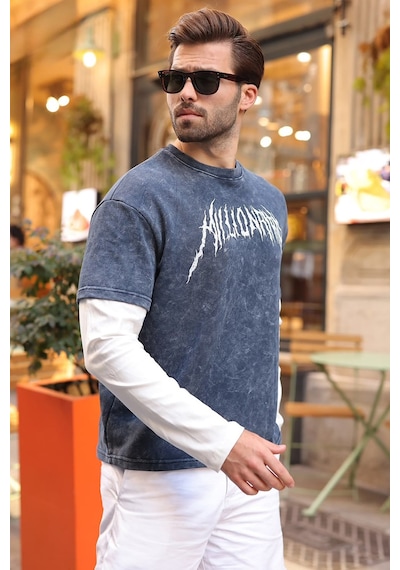 Madmext Lacivert Baskılı Batik Desen Erkek Tişört E7194