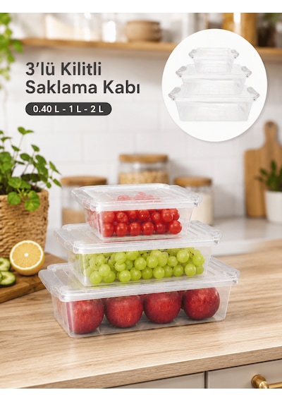 Beylini 3'lü Kilitli Saklama Kabı İç Dış Kullanım 0.40 1 2 Litre Yer Kaplamaz Dikdörtgen Erzak Salata Saklama Kutusu Gri