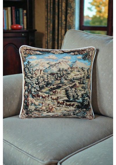 Kırlent Kılıfı Goblen Dokuma Kumaş - 45x45cm Çift Taraflı Biyeli Dekoratif Kırlent Kılıfı - Vs-304 Bej Renk Uyumlu Çok Amaçlı Yastık Minder