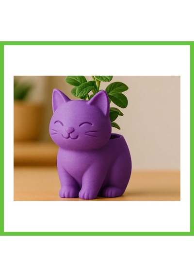 Bezos 3d Baskı Sevimli Kedi Saksı - Figürlü Sukulent Saksısı-mor Dmc
