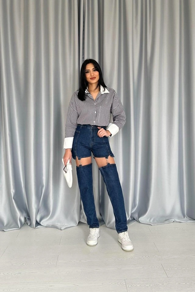 De'charme Mavi Askılı İki Parça Jeans Pantolon