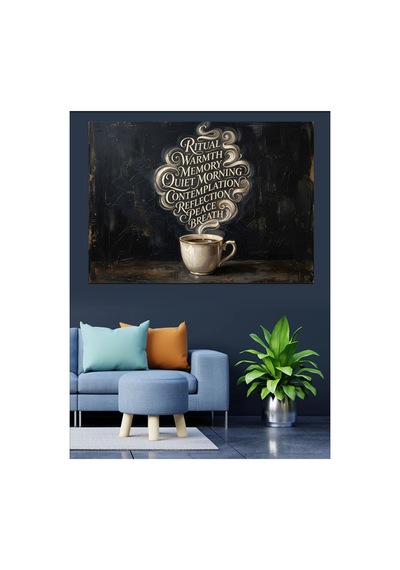 Fincandan Yükselen Tipografik Kahve Dumanı Yağlı Boya Dokulu Kanvas Tablo Canvas Tablosu