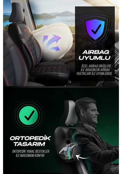 Siyah - Kırmızı Panda Valencia Serisi Jakar Kumaş Oto Koltuk Kılıfı - Tam Set