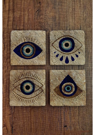 Doğal Taş Bardak Altlığı 4'lü Set - Nazar Boncuğu Desenli - Stone Coasters Çok Renkli