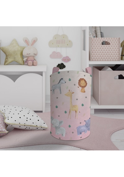 Mekta Home Bebek Ve Çocuk Odası Safari Desenli Pembe Oyuncak Sepeti Renkli Çok Renkli