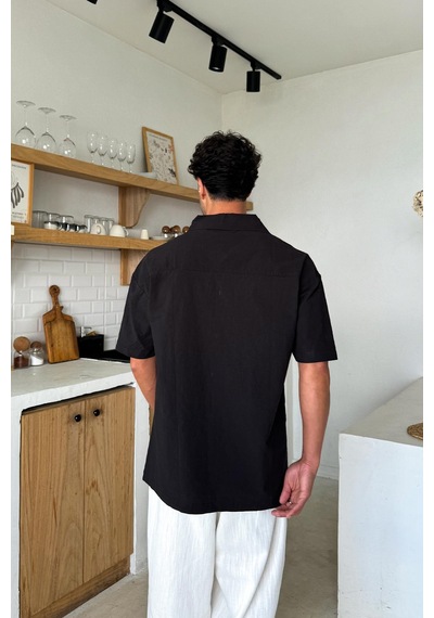 Flaw Keten Oversize Kısa Kol Gömlek Siyah-25769 Siyah