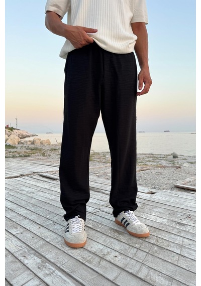 Flaw Bel Lastikli Keten Pantolon Siyah Siyah