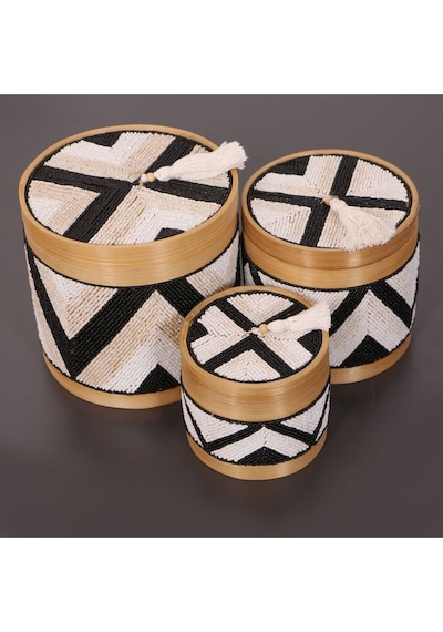 Bali Boncuklu Bambu Saklama Kutusu L 20x20 Cm Beyaz