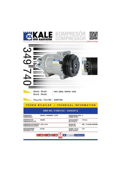 KALE 349740 KLİMA KOMPRESÜRÜ PUNTO-EGEA 16-500L