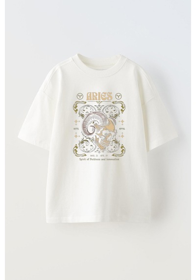 Thewert Unisex Zodiac Skull Aries Vintage Tasarım Baskılı Pamuk Beyaz Oversize T-shirt