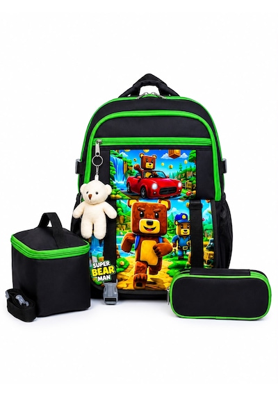 Super Bear Ayıcık Aksesuarlı Beslenme Ve Kalemlikli İlkokul Çekçekli Sırt Çantası Siyah