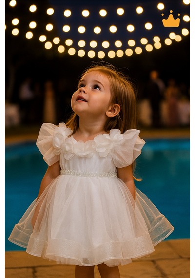 Babyhola 2-8 Yaş Gül Yakalı Grenli Kabarık Tül Kız Bebek Çocuk Abiye Elbise Bayramlık Gelinlik 3502 Ekru