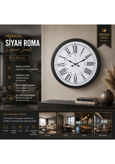 Premium Siyah Roma 52 X 52 Cm Duvar Saati