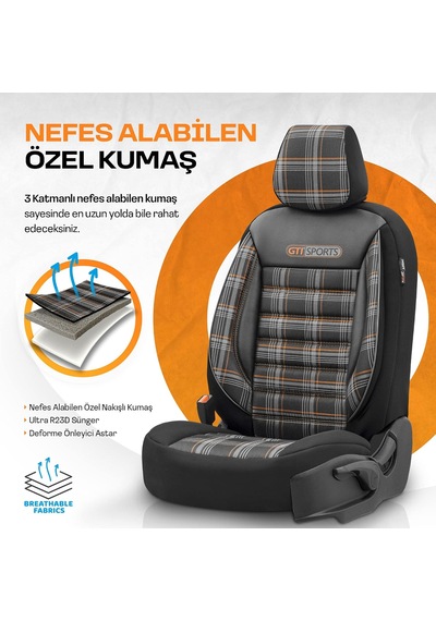 Tr Gti Sports Design Oto Koltuk Kılıfı Ekstra Destekli Özel Jacquard Kumaş Tam Set - Turuncu-siyah Genel