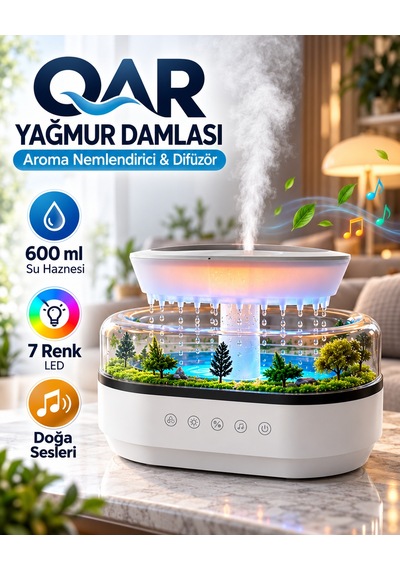 Yağmur Damlası Efektli Aroma Difüzör Hava Nemlendirici Orman Manzaralı Dekoratif Esansiyel Yağ Uyumlu Dokunmatik Tuşlu Ofis Yatak Odası