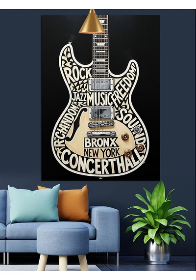 Klasik Gitar Soyut Çizim Dekoratif Kanvas - Mdf Ahşap Tablo