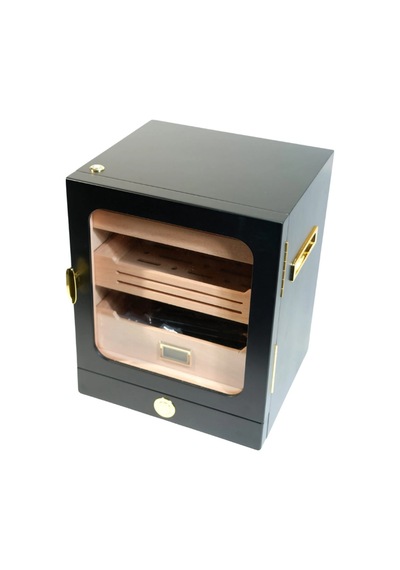 Premiumquality Las Condes Aksesuar Çekmeceli İçi Ledli Siyah Sedir Humidor Puro Kutusu - Tr9827