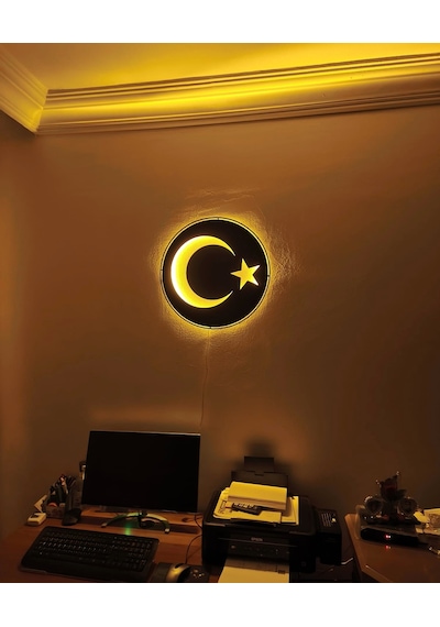 Motto Dekor Lazer Kesim Amber Led Işıklı Metal Türk Bayrağı Görselli Duvar Dekoru Duvar Aydınlatması Siyah
